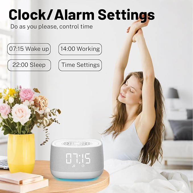Sound Machine & Clock with Bluetooth 5.4, 14 Soothing White Noise Sounds, Night Light, Sleep Timer, 1000mAh Portable Rechargeable Sound Machine for Adults, Home, Travel, Office (White, Standard Size) - Bloomnest