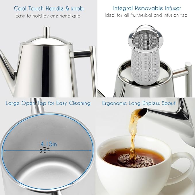 Easyworkz Stainless Steel Double Wall 34 oz Tea Pot with Removable Tea Infuser, Perfect for Brewing Your Favorite Tea, Chrome - Bloomnest