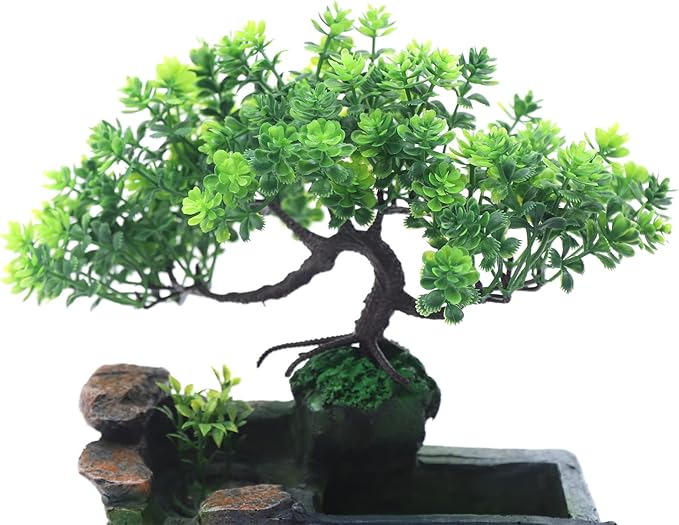 Rockery Tabletop Fountain, Chinese Feng Shui Waterfall Desktop Water Fountain Decor with LED Light, Rockery Tabletop Decoration with Windmills, Plant for Office, Home, Bedroom Desk Decoration