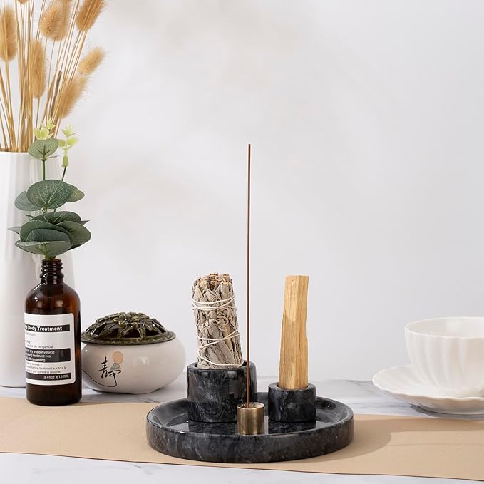 4 in 1 Marble Incense Holder, Natural Marble Incense Burner for Meditation, 9 Incense Holes Suitable for Most Incense Types (Black) - Bloomnest