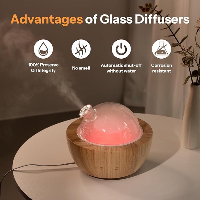 Wanlola 280ml Glass Essential Oil Diffuser with Natural Wood Base, The 2025 Upgrade Aromatherapy Diffusers for Home, Cool Mist Air Aroma Diffuse Humidifier with 7 Color Lights for Office, Bedroom Wanlola