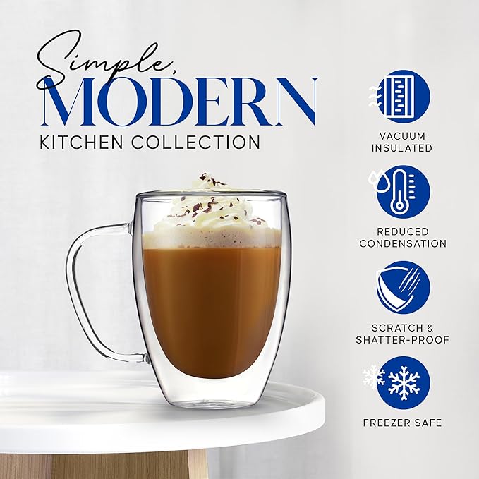 Kitchables Double Walled Glass Coffee Mugs Set of 2, 12oz - Insulated Glass Coffee Mugs for Cappuccino, Latte, Tea, Espresso - Latte Cup - Tazas Para Cafe - Bloomnest