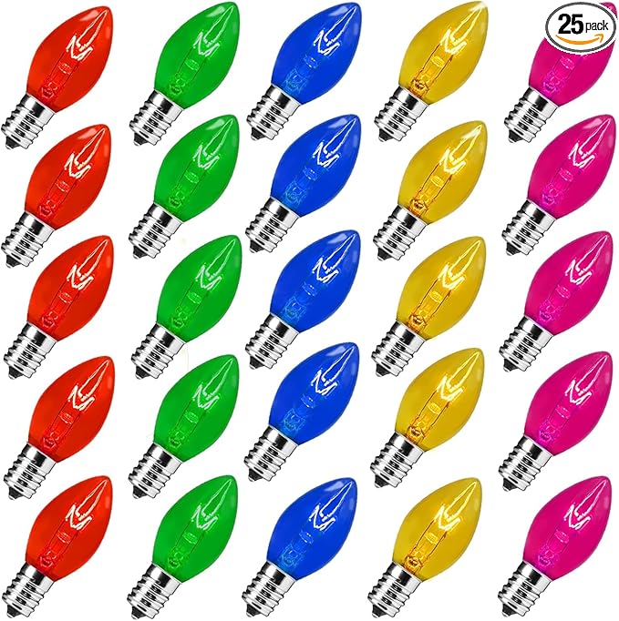 25 Pack C7 Clear Multicolor Incandescent Replacement Bulbs, 5W Warm White 2200K, E12 Base, Waterproof C7 Night Light Bulbs for Vintage Christmas String Lights Outdoor Indoor Home Party Decorations - Bloomnest