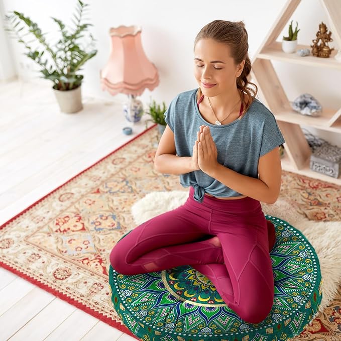 Mandala Meditation Cushion, Boho Meditation Mat, Meditation Pillows for Sitting on Floor, Cushions for Sitting in Home and Outdoor, Round Floor Pillows Cushion Seating for Yoga 22'' X 22'' - Bloomnest