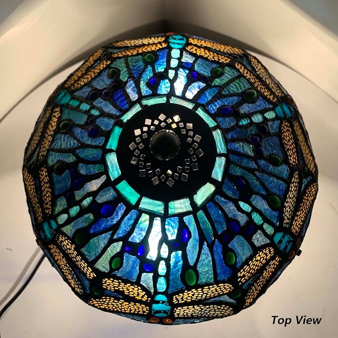 Bieye L10906 Tiffany Style Stained Glass Mushroom-Shaped Double Lit Table Lamp for Home Decor (10-inch, Blue Dragonfly)