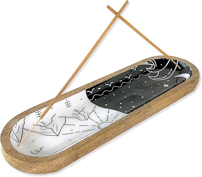 The Art Box Hand-Painted Incense Burner Holder White Black - 12x4x1 inch Wooden Long Incense Stick Tray Holder for Modern Gift, Ash Catcher Incense Stick Holder - Meditation & Yoga - Bloomnest