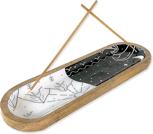 The Art Box Hand-Painted Incense Burner Holder White Black - 12x4x1 inch Wooden Long Incense Stick Tray Holder for Modern Gift, Ash Catcher Incense Stick Holder - Meditation & Yoga - Bloomnest