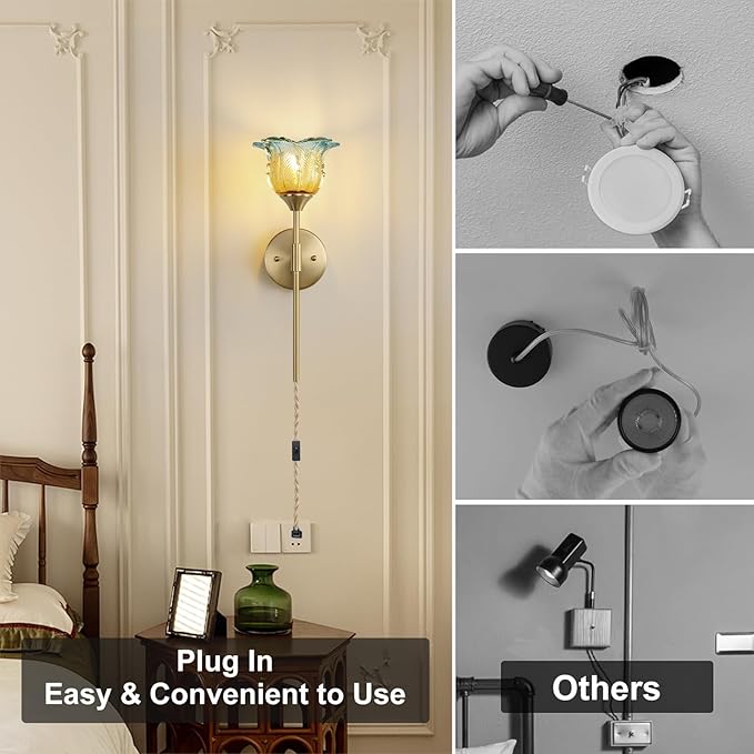 2 Pack Plug in Gold Wall Sconce with Modern Flower Glass Shades, Modern Mid Century Bathroom Vanity Wall Light Fixtures, Industrial Brushed Brass Wall Lamp, for Bedroom Mirror Living Room - Bloomnest