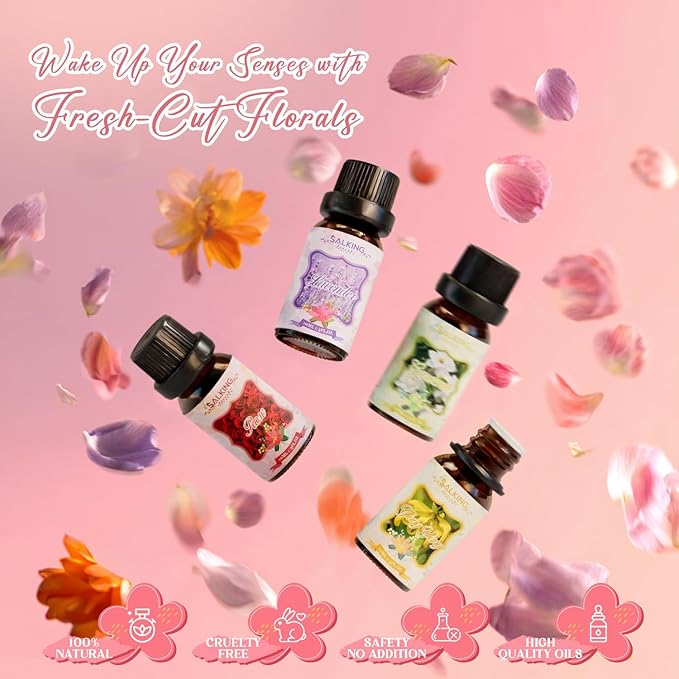 SALKING Floral Essential Oils Set, Premium Pure and Natural Essential Oils, Fragrance Oil Scented Oils for Oil Diffusers 6 x 10 ML - Lavender, Rose, Cherry Blossom, Ylang Ylang, Gardenia, Chamomile - Bloomnest
