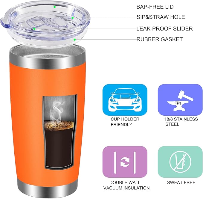 VEGOND 20oz Tumbler with Lid and Straw Stainless Steel Tumbler Cup Bulk Vacuum Insulated Double Wall Travel Coffee Mug Powder Coated Coffee Cup(Orange 6 Pack) - Bloomnest
