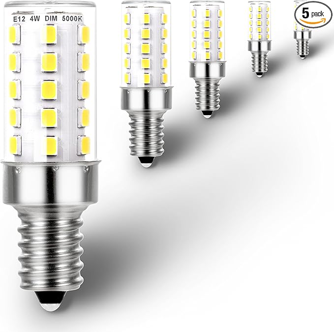 Dimmable E12 C7 5000k Daylight White Candelabra Led Light Bulbs 4W, E12 Kx-2000 25W-40W Halogen Equivalent, T6 Small Base 120V E12 Led Bulbs for Ceiling Fan Light Salt Lamp,450 lm(5Pack) - Bloomnest