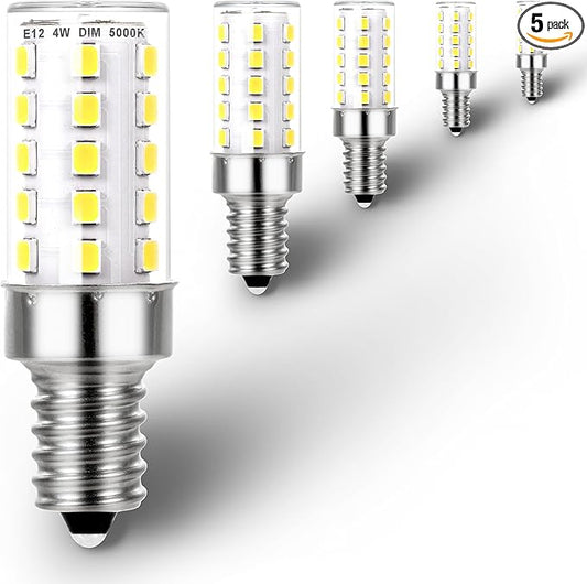 Dimmable E12 C7 5000k Daylight White Candelabra Led Light Bulbs 4W, E12 Kx-2000 25W-40W Halogen Equivalent, T6 Small Base 120V E12 Led Bulbs for Ceiling Fan Light Salt Lamp,450 lm(5Pack) - Bloomnest