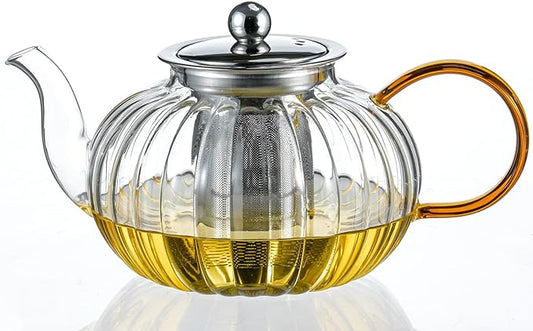 Glass Teapot 33.8oz/1000ml, Glass Tea Kettle with Removable Infuser, Pumpkin Shape Hand Blown Teapot for Blooming Flower Tea and Loose Leaf, Tea Lover's Choice - Bloomnest