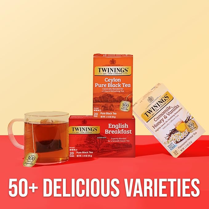 Twinings Ceylon Pure Black Tea Individually Wrapped Bags, 20 Count (Pack of 6), formerly Ceylon Orange Pekoe, Crisp, Refreshing, Caffeinated, Enjoy Hot or Iced, 120 Teabags - Bloomnest