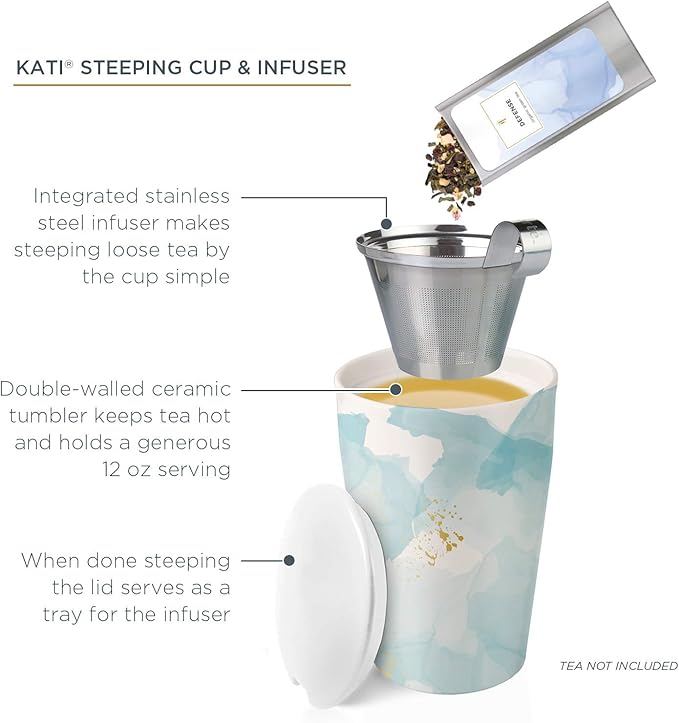 Tea Forte Double-Walled Ceramic Kati Cup, Removable Stainless Steel Infuser Basket and Lid, Steeps 12 oz Loose Leaf Tea, Dishwasher & Microwave Safe, Wellbeing - Bloomnest