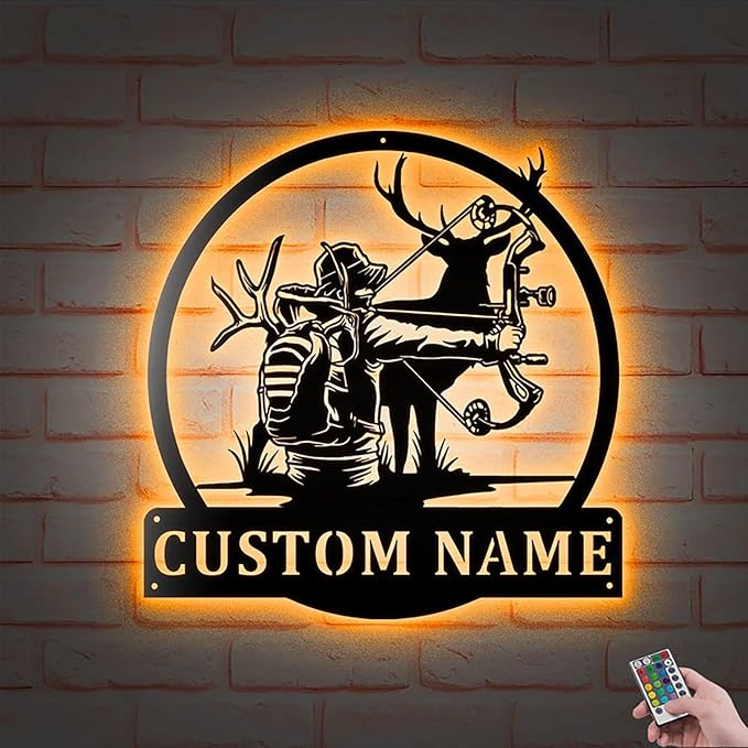 Lovely POD Personalized Hunting Metal sign, Hunting Art, Custom Compound Bow Hunter Metal Wall Art LED Light, Personalized Bow & Arrow Hunting Name Sign Home Decor, Arrow Decoration, Man Cave Decor - Bloomnest