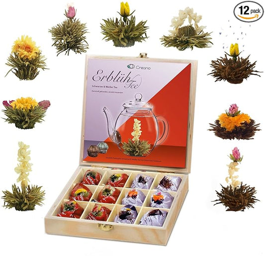 Creano Flowering Tea Abloom Tea - Blooming Tea Gift Set in Stylish Wooden Tea Box - 12 Pieces, Mix of White & Black Tea a gift for christmas - Bloomnest