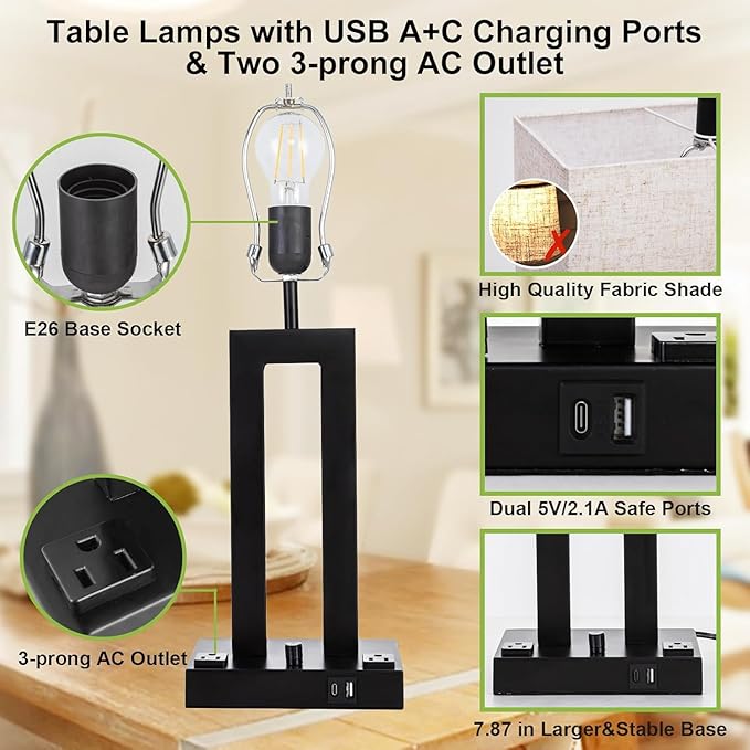 Modern Table Lamps Set of 2-22" Tall Bedside Lamps with USB-C/USB-A Charge Ports & Outlet, Stepless Dimmable Fabric Cream Shade Nightstand Lamps for Bedroom & Living Room - Bloomnest