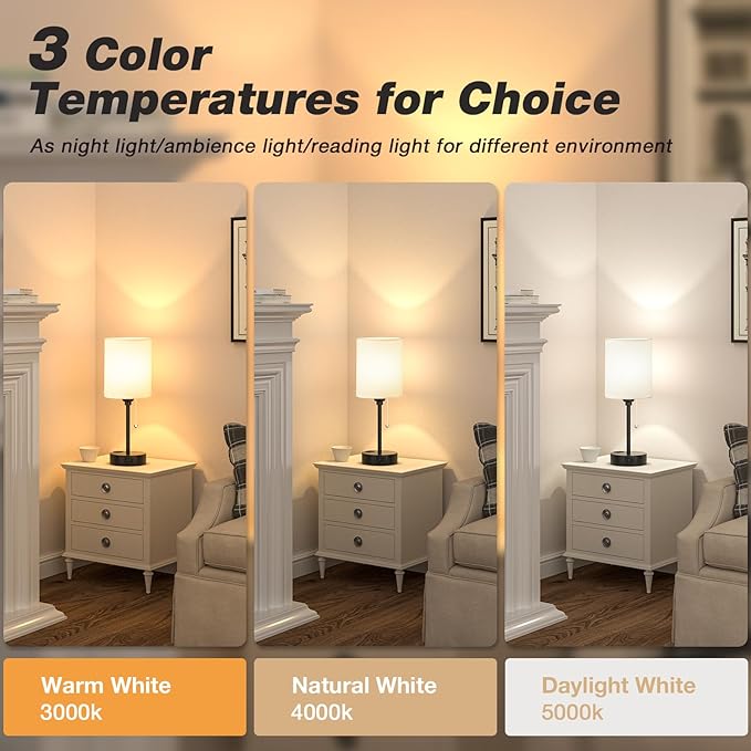 Small Bedside Table lamp for Bedroom - 3 Color Temperatures Bedside Lamps with USB C and A Ports, Pull Chain Table Lamps with AC Outlet, White Nightstand Lamps with Black Metal Base for Kids Reading - Bloomnest