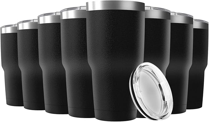 30oz Stainless Steel Travel Mug with Lid, 8 Pack Double Wall Vacuum Insulated Bulk Tumbler, Powder Coated Coffee Cup Suitable for Vehicle Cup Holders(Black) - Bloomnest