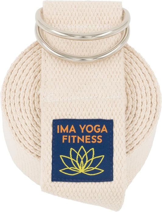 Adaptive Yoga Strap, Stretching Strap, 2 Inches Wide, 100% Naturally Soft Cotton, Steel D-Rings, Includes Natural Cotton Drawstring Storage Pouch and Instructional E-Book - Bloomnest