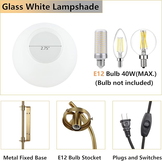 ELEHINSER Gold Wall Sconces Set of 2 with Globe Shade, Modern Indoor Plug in Wall Lamps with Switch, Angle Adjustable Light for Bedroom Living Room Study Hallway Bedside - Bloomnest