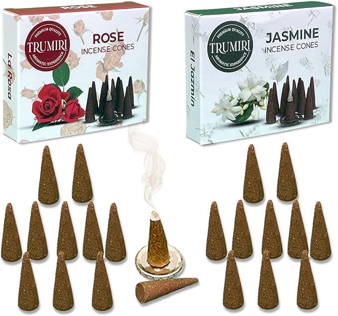 TRUMIRI Incense Cones - Combo Pack of 20 Cone Incense - 10 Rose + 10 Jasmine - Insence Cones - Incense Cones Scented - Cone Incense Scents - Insense Cones - Incent Cone TRUMIRI