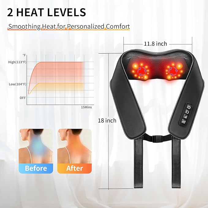 TISSCARE Neck Massager for Pain Relief Deep Tissue with 2 Heat Levels, Hands-Free Shiatsu Kneading Back Massager for Shoulder & Whole Body, Plug-in for Home Office Car, Ideal Gift for Women Men - Bloomnest