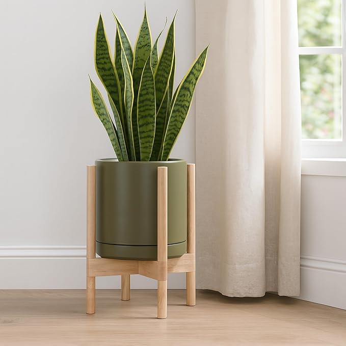 D'vine Dev Ceramic Planter with Natural Stand - 10 Inch Modern Round Flower Pot with Wood Planter Holder, Olive, 55-B-K-J - Bloomnest