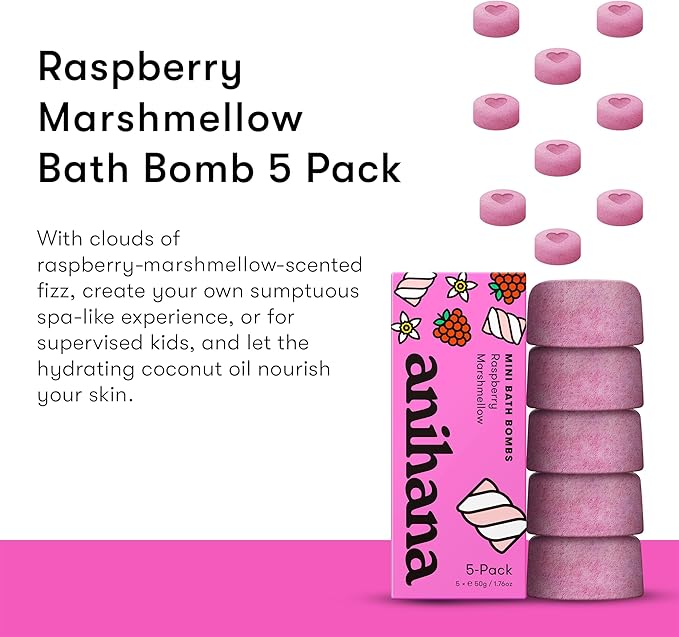 ANIHANA Mini Bath Bombs with Coconut Oil, Paraben Free, Hand-Crafted Luxury Fizzers, Refreshing Raspberry Marshmellow Scent, 1.76 oz Each, 5 Pack - Bloomnest