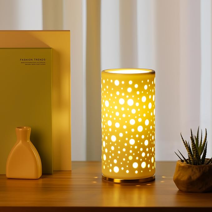 Small Modern Ceramics Bedside Table Lamp, 4 x 4 x 8 Inch White Round Hole Style Nightstand Lamps, Side Table Lamps for Bedroom Living Room Entryway Table Light