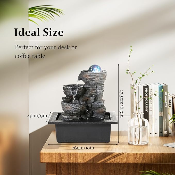 Crystal Ball Tabletop Water Fountain with LED Lights - 3-Tier Indoor Waterfall Feature for Relaxation, Natural Humidifier for Home and Office Decor, 10''X9''X6.9