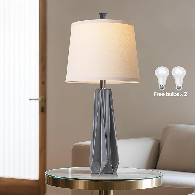 WIHTU 3 Color Temperature Table Lamps Set of 2, 27'' Grey Modern Table Lamp for Living Room, Beside Lamp with Linen Shade, Resin Desk Lamp for Nightstands Bedroom Decor (2 Bulbs Included) - Bloomnest