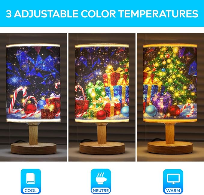 Christmas Tree Table Lamp LED 3-Color Pressed Bedside for Merry Christmas, Christmas Tree Shade Christmas Table Lamp with Wood Base for Bedroom Living Room Desk Office - Bloomnest