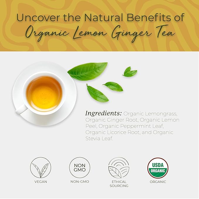 Starwest Botanicals Organic Lemon Ginger Tea - Caffeine Free Herbal Blend for Women & Men, Lemongrass, Ginger Root, & Peppermint Leaf, String Free Sachets, Non GMO - 20 Tea Bags - Bloomnest
