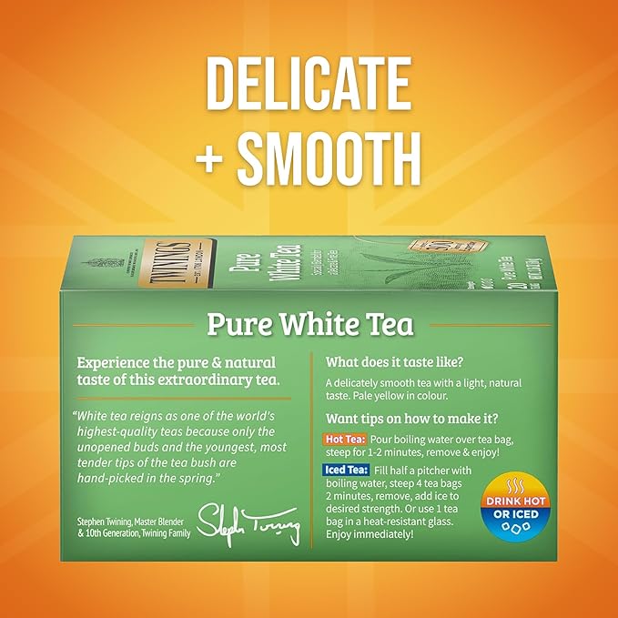 Twinings Pure White Tea Individually Wrapped Bags, 20 Count (Pack of 6), Light & Fresh, Caffeinated, Enjoy Hot or Iced, 120 Teabags - Bloomnest