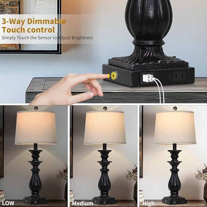 28" Farmhouse Table Lamps Set of 2 for Living Room, 3 Way Dimmable Bedside Lamp with USB C+A Ports & AC Outlet, Resin Vintage Tall Nightstand Lamps for Bedroom Office Hallway, Black - Bloomnest