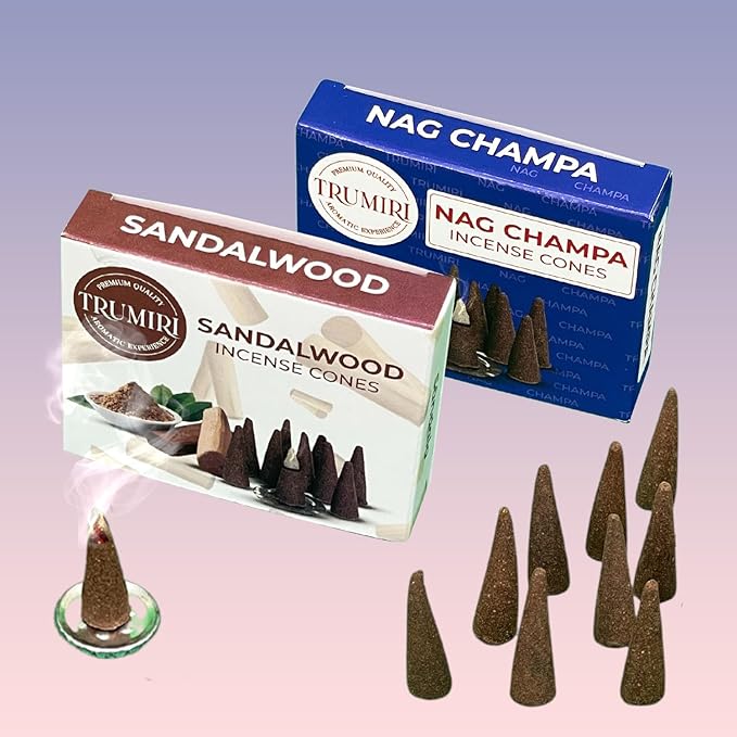 TRUMIRI Incense Cones - Combo Pack of 20 Cone Incense - 10 Nag Champa + 10 Sandalwood - Insence Cones - Incense Cones Scented - Cone Incense Scents - Insense Cones - Incent Cone TRUMIRI