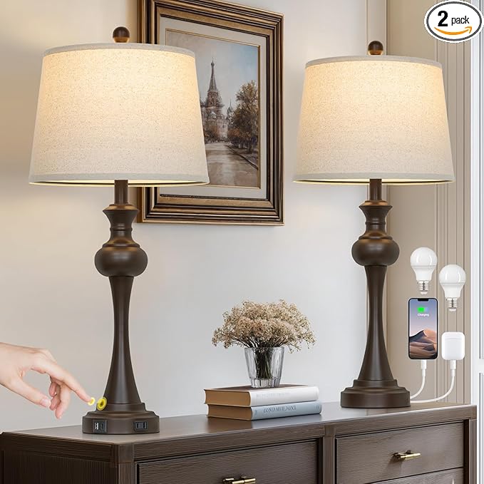 Touch Table Lamps Set of 2, 28.75" Tall Bedside Lamps with USB C+A Ports, 3-Way Dimmable Table Lamp, Nightstand lamps for Bedroom, Living Room, Office, Brown Lamps with Beige Lampshade, Bulbs Included - Bloomnest