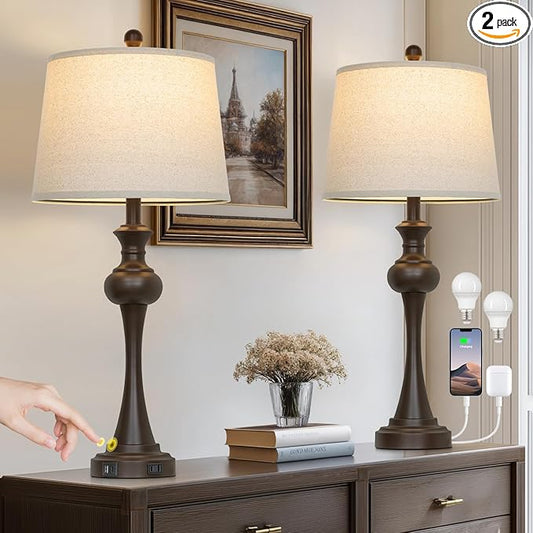 Touch Table Lamps Set of 2, 28.75" Tall Bedside Lamps with USB C+A Ports, 3-Way Dimmable Table Lamp, Nightstand lamps for Bedroom, Living Room, Office, Brown Lamps with Beige Lampshade, Bulbs Included - Bloomnest