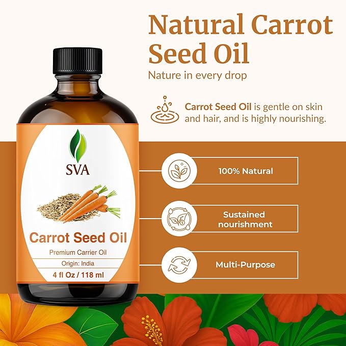 SVA Carrot Seed Oil - 4 Fl Oz – 100% Natural Cold Pressed Carrot Oil - for Face, Skin Care, Hair Care, Scalp Massage & Body Massage – Carrier Oil with Dropper - Bloomnest