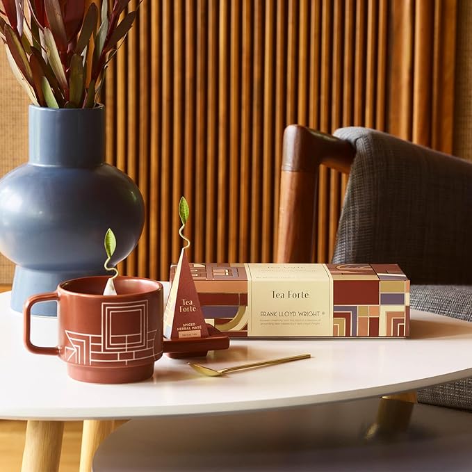 Tea Forte Frank Lloyd Wright Petite Presentation Box Tea Gift Set Sampler, 10 Count, 2 of Each Variety Individually Wrapped Handcrafted Pyramid Infuser Bags - Bloomnest