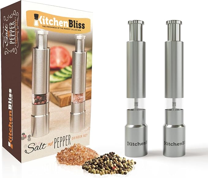 Modern Thumb Click Salt and Pepper Grinder with Refillable Peppermill - Perfect for Himalayan Salts, Black Pepper, Sea Salt, Peppercorns, Spices Push Button for 1 hand operation (set) - Bloomnest