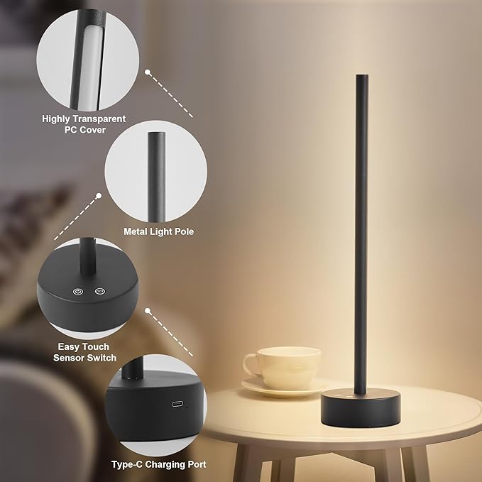 Cordless LED Table Lamp, Battery Operated Portable Desk Lamp,Dimmable/3 Color/Memory Function,Modern Rechargeable Table Light for Living Room,Bedroom,Bedside,Black - Bloomnest