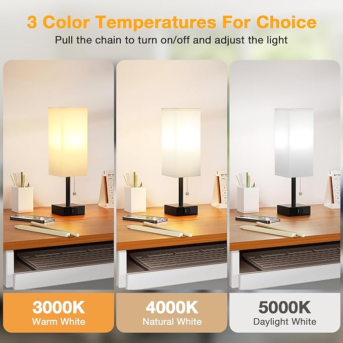 White Small Table Lamp for Bedroom - 3 Color Temperature 3000K 5000K 4000K Bedside Lamp, Pull Chain Control, USB A and C Charging Ports, Black Base, for Kids Office Dorm Nightstand, Bulb Included - Bloomnest
