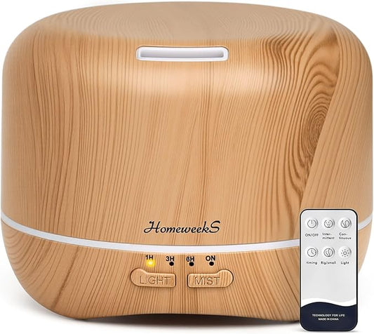 Homeweeks 300ml Essential Oil Diffuser, Quiet Aromatherapy Mist Diffusers for Essential Oils, Wood Grain, Ultrasonic, Remote Control, Timer, 7 Colors Light for Bedroom (300ml Yellow Wood Grain) - Bloomnest