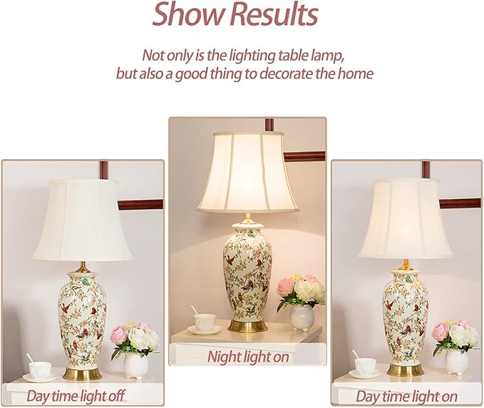 PURESILKS White 27" Flower and Bird Ceramics Table Lamp Chinoiserie Desk Lamp,Fabric Drum Shade,Gold Base, Tall Table Lamp Decor for Living Room Bedroom Bedside Office College Bookcase - Bloomnest
