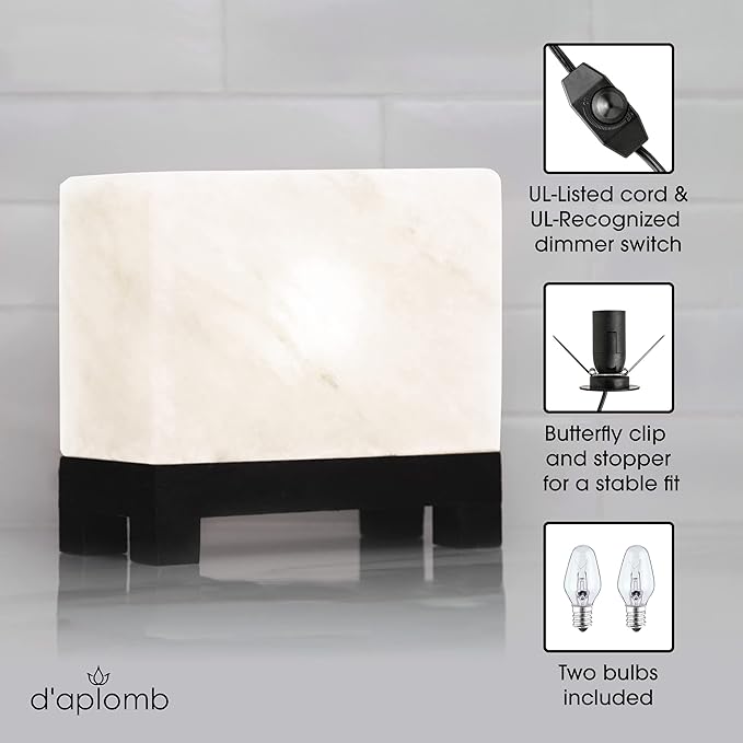 d'aplomb 100% Authentic Natural Himalayan Salt Lamp;Hand-Carved Modern Rectangle Rare White Crystal Rock Salt from The Himalayan Mountain; Footed Wood Base, Dimmer Cord; 11.5 lbs