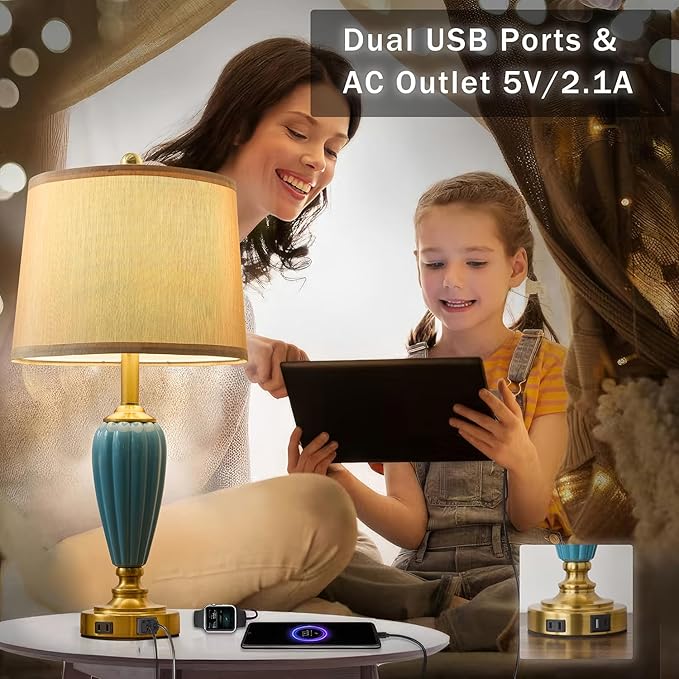 Living Room Table Lamp, 25.5" Touch Lamp for Nightstand with USB A+C Ports, Modern Farmhouse Table Lamps for Bedroom, Bulb Included - Bloomnest