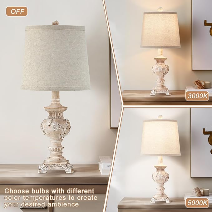 21'' Small Table Lamps for Bedroom Bedside Lamps Set of 2 Farmhouse Nightstand Lamps with Carved Floral Vintage Side Table Lamps for Living Room Kids Office, White, Bulb Not Include - Bloomnest